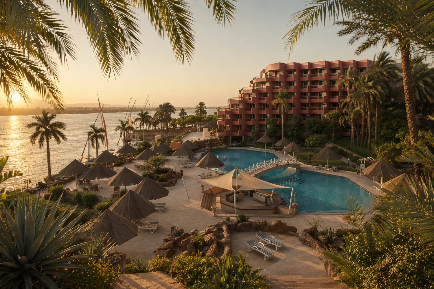 Artist's impression of Flow by the Nile at sunset – a terraced terracotta hotel beside the Nile with a palm-lined pool, swim-up bar, thatched umbrellas and feluccas on the river